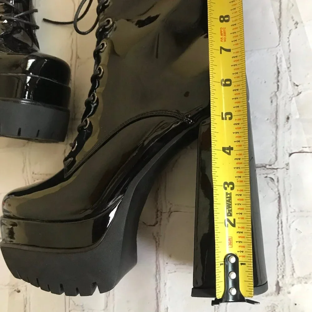 Patent PU Platform Lug Boots Chunky Block High Heel Ankle Boots‎ Size 8